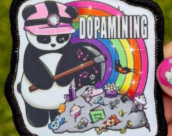 Bügelbild, Bunter Dopamin Aufnäher, Kawaii Dopamin Mining Panda, Regenbogen Dopamining Panda Aufnäher