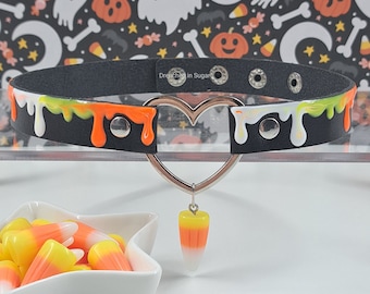 Black Swirly Drip Candy Corn Choker Necklace, Cute Spooky Drippy Collar Choker, Faux Leather Heart Choker, Candy Drip Halloween Necklace