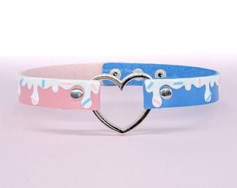 Sprinkles Drip Choker Necklace, Faux Leather Heart Collar. Trans Pride Flag Colors Necklace