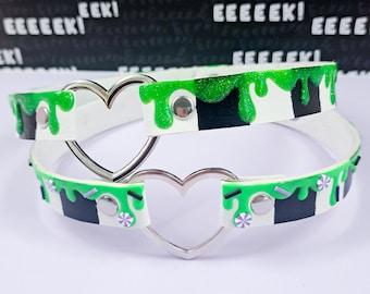 Beetle Ghost Choker Necklace, Cute Spooky Collar Choker, Faux Leather Heart Choker, Halloween Necklace