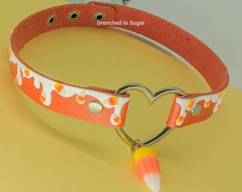 Orange Candy Corn Choker Necklace, Cute Spooky Collar Choker, Faux Leather Heart Choker, Halloween Necklace