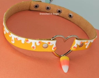 Yellow Candy Corn Choker Necklace, Cute Spooky Collar Choker, Faux Leather Heart Choker, Halloween Necklace