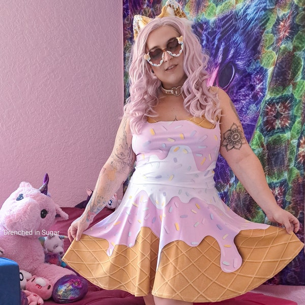 Arc-en-ciel pastel arrose la robe de cône de gaufre de goutte de crème glacée, robe de patineur de crème glacée, robe sans manches de cône de crème glacée de Kawaii