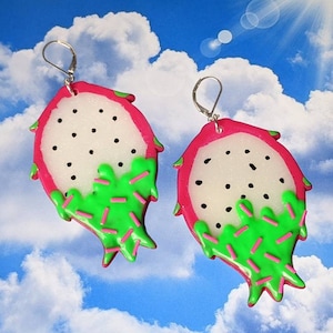 Kawaii Fruit Earrings, Neon Frosting Dragon Fruit Slice Earrings, Candy Drip Sprinkle Dragon Fruit Earrings, Realistic Fruit Earrings
