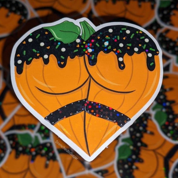 Pumpkin Booty Holographic Glitter Vinyl Sticker, Lewd Pumpkin Anime Erotic Sticker, Mature NSFW, Kawaii Heart Butt Sticker