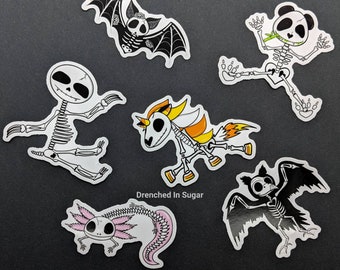 Cute Skeleton Animals Vinyl Stickers, Boney Babies, Kawaii Spooky Skeleton Stickers, Owl, Sloth, Axolotl, Panda, Unicorn, Bat