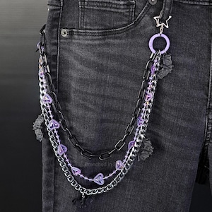 Cadena con clip en capas con murciélagos góticos pastel, linda cadena de plástico espeluznante para Halloween, cadena con murciélagos con corazón kawaii iridiscente, cadenas para bolsillos de billetera y pantalones