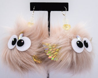 Gold Plush Earrings, Kawaii Plushie Earrings, Unicorn Angel Fairy Pixie Puffs, Faux Fur Poms