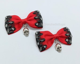 Kawaii Goth Bows, Red Dead Demons Sprinkle Candy Drip Hair Bows with Skull Charms