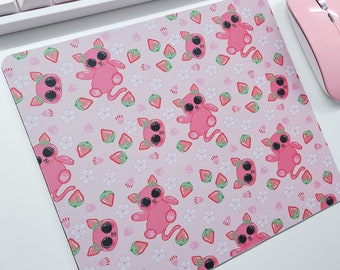 Kawaii Strawberry Kitty Mousepad, Kawaii Mousepad, Cute Strawberry Blossom Mousepad, Cute Strawberry Kitty Cat Mousepad