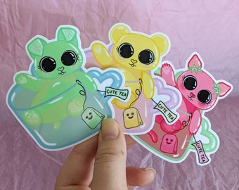 Kawaii Vinyl Stickers, Cute Tea Cup Animals, Cute Kitty Sticker, Kawaii Puppy Sticker, Pastel Bear Sticker, 3" inch Vinyl Sticker