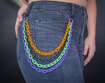 Bunte geschichtete Kunststoff Clip-On Ketten, UV Glow Brieftasche Kette, Halloween Farbe Hosen Schlüsselbund