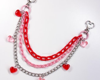 Lovecore Layered Clip-On Kette, Candy Herz Anhänger, Kawaii Hosen Kette, Coquette Tasche Schlüsselanhänger