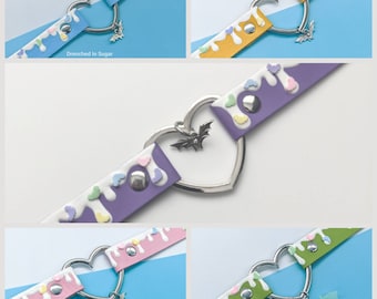 Pastel Goth Bat Choker Necklace, Cute Spooky Collar Choker, Faux Leather Heart Choker, Kawaii Bat Necklace, Choose your colors & charms