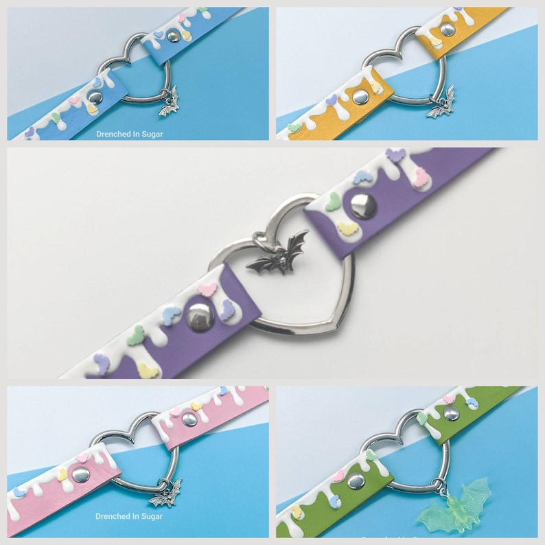 May include: Five different color variations of a white leather choker with a silver heart-shaped charm and a bat pendant. The choker has a dripping candy design with pastel colored hearts. The text "Drenched in Sugar" is visible on two of the chokers.
