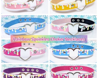 Kawaii Goth Pastel Rainbow Sprinkles Drip Choker, Decoden Drippy Necklace, Faux Leather Heart Collar