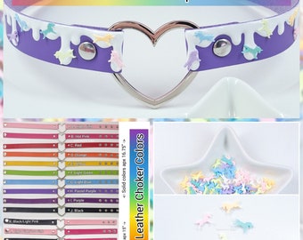 Pastel Rainbow Unicorn Sprinkles Choker, Kawaii Decoden Drip Choker Collar, Dessert Necklace, Faux Leather Heart Choker, Pastel Goth Collar