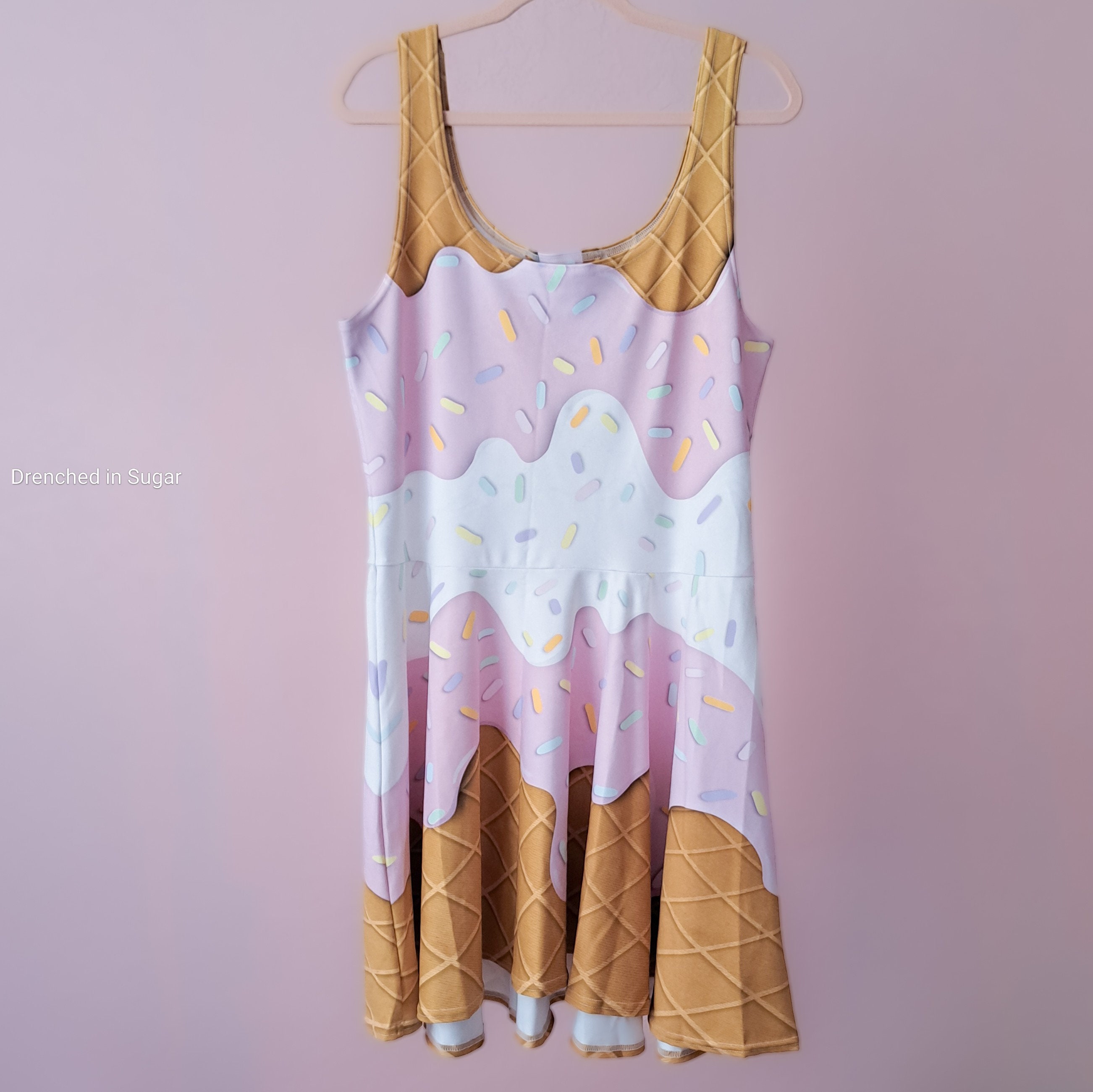 ice cream drip dress Pastel Rainbow Sprinkles Ice Cream Drip Skater Dress, Kawaii Wafflecone  Sleeveless Sundress With Pockets