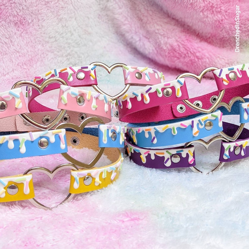 Pastel Goth Rainbow Sprinkles Choker, Kawaii Decoden Drip Choker Necklace, Dessert Necklace, Faux Leather Heart Choker, Pick Your Colors image 9