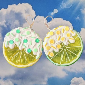 Kawaii Fruit Earrings, Lemon Lime Slice Earrings, Frosting Lemon Lime Earrings, Realistic Candy Drip Fruit Earrings