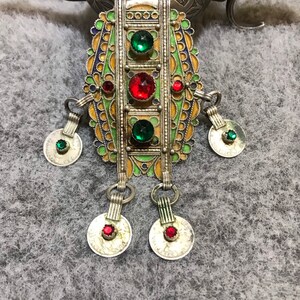 Berber Silver Enamel Pendant With Old Silver Coins and Glass From Morocco,Berber Amulet,Berber hirz,Antique Pendant,Moroccan Jewelry