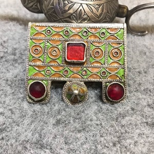 Rare Antique Silver Berber Pendant(hirz)From Morocco,Enamel Berber Pendant With Glass,Berber Pendant,Moroccan Jewelry,52grams