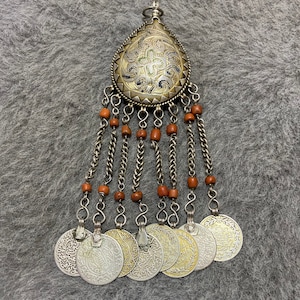 Old Berber Moroccan Silver Pendant With Old Natural Coral Beads ,Old Silver Coins,Berber Antique Amulet,Moroccan Jewelry