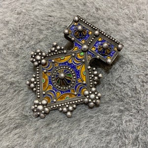 Moroccan Silver Berber Enamel Pendant,Large Berber Cross (BOGHDAD),Handmade Enamel Amulet,Moroccan Jewelry