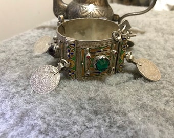Antike Berber Silber Armband Aus Marokko,Berber Silber Emaille Armband Mit Alte Silbermünzen Und Glas,Berber Armband,Marokkanischer Schmuck