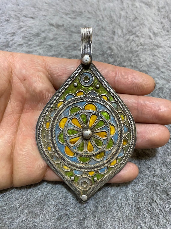 Antique Berber Silver Enamel Pendant From Morocco… - image 4