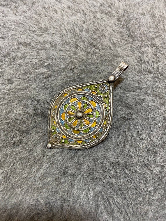 Antique Berber Silver Enamel Pendant From Morocco… - image 1