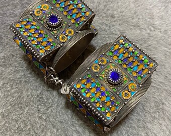 Großes seltenes Paar marokkanische Berber Emaille Armbänder,Schweres Emaille Armband,Große Armbänder,Handgemachte Emaille Armbänder,650grams,Marokkanischer Schmuck