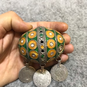 Antique Berber Silver And Enamel Moroccan Bead Called Tagmout,Berber Enamel Pendant With Old Moroccan Coins,Moroccan Jewelry