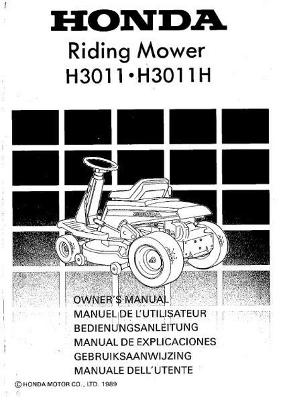 Honda Ride on Mower H3011 H3011h Owners Manual 89 Edition