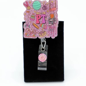 Glittered Physical Therapist Badge Reel with PT Icons, Resin Sealed Clasp