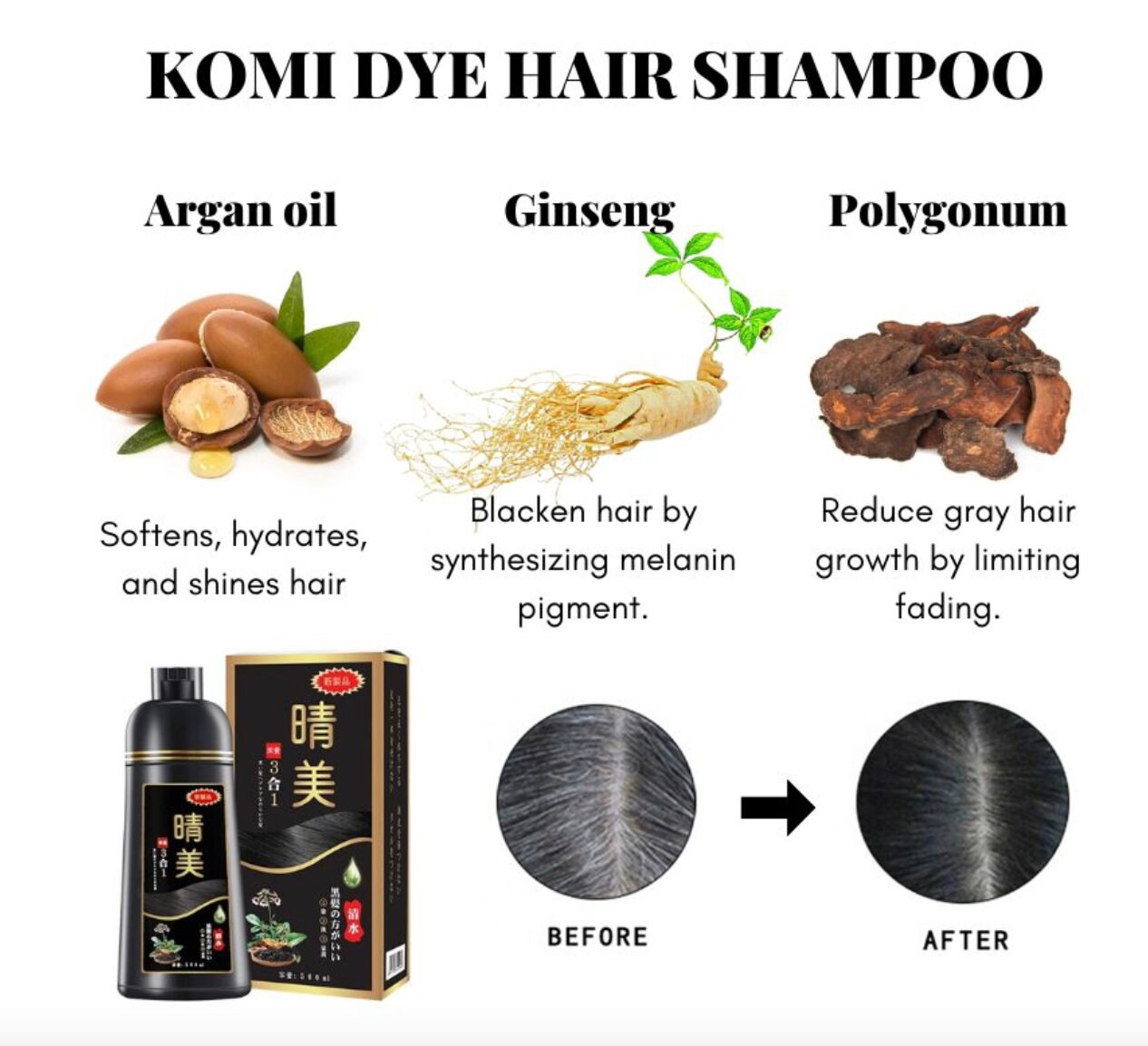 KOMI Shampoo hair dye for Gray Hair Dầu Gội Phủ Bạc (BLACK