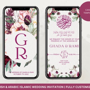 Digital Paperless Muslim Wedding Invite Nikkah Katb Kitab Save the Date, Pink, Purple Florals, Roses and Peony With Greenery Canva Template