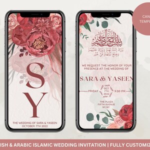 Digital Paperless Muslim Wedding Invitation Nikkah Katb Kitab Save the Date, Pink, Red Florals, Roses and Peony With Greenery Canva Template