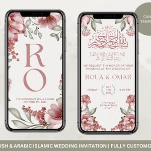 Editable Digital Islamic Wedding Invitation Template in English and Arabic, Nikkah Walimah Katb Kitab editable eInvite, Pink Roses Florals