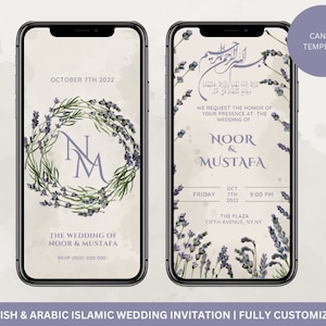 Editable Digital Islamic Wedding Invitation Template in English and Arabic, Nikkah Walimah Katb Kitab editable eInvite, Lavender Floral