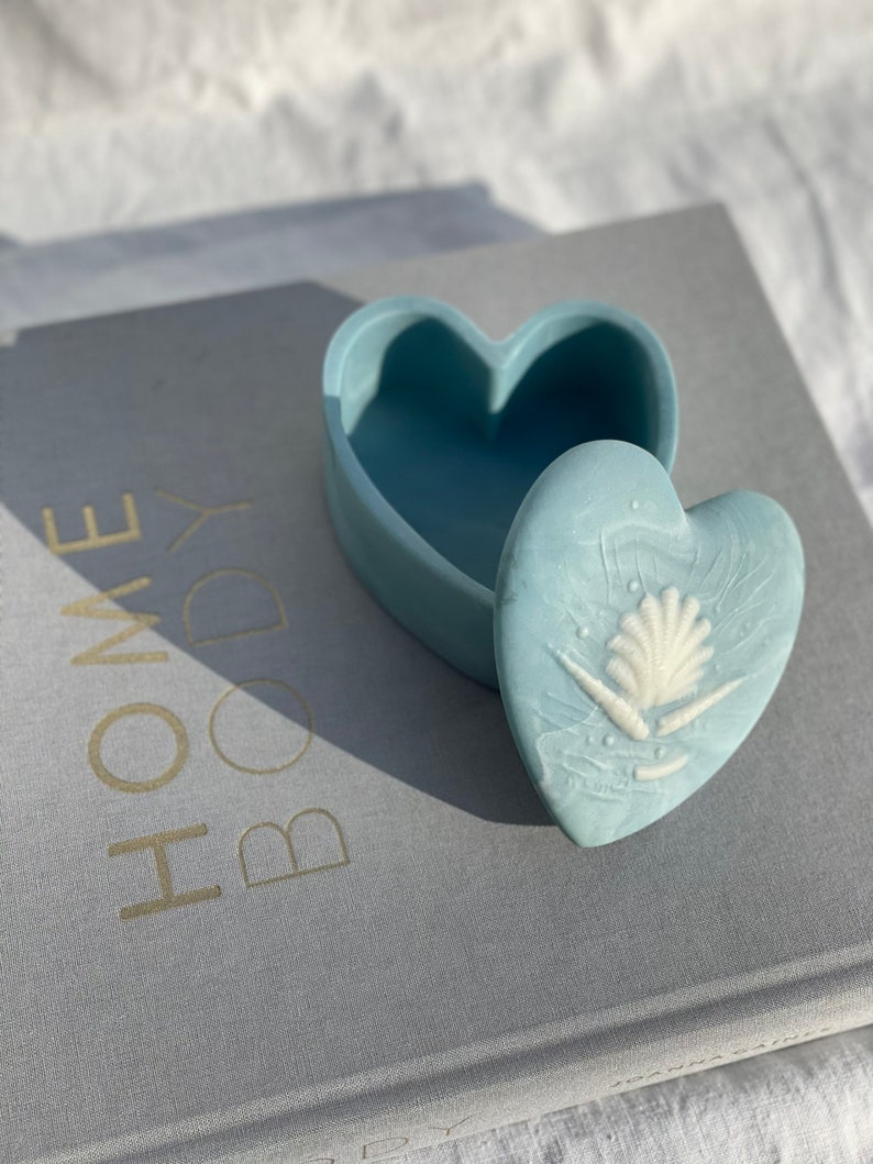 with Seashells Engraved! Baby Blue Ceramic Heart Shaped Box