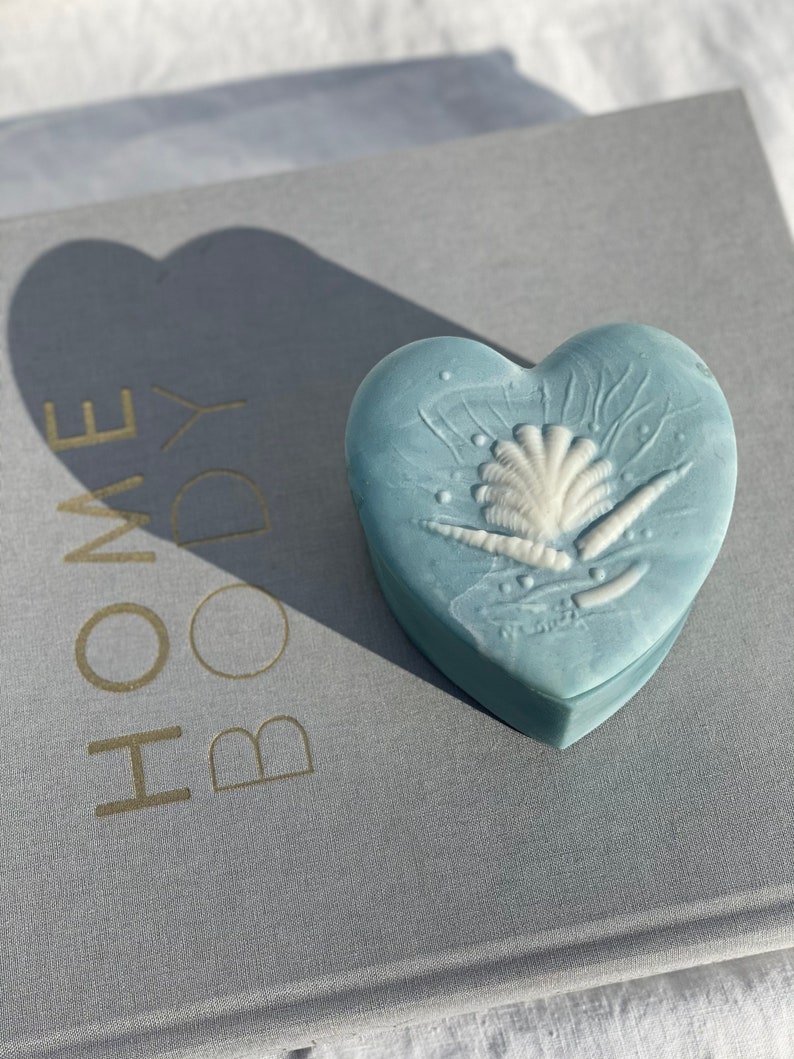 with Seashells Engraved! Baby Blue Ceramic Heart Shaped Box