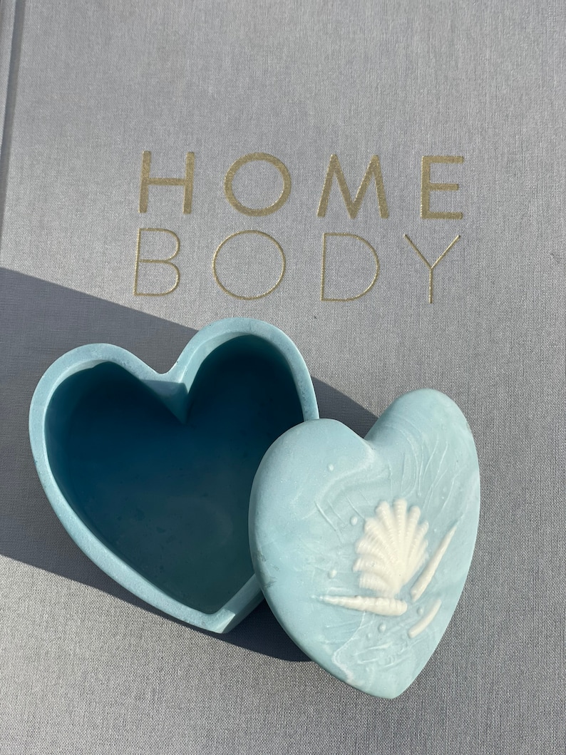 with Seashells Engraved! Baby Blue Ceramic Heart Shaped Box