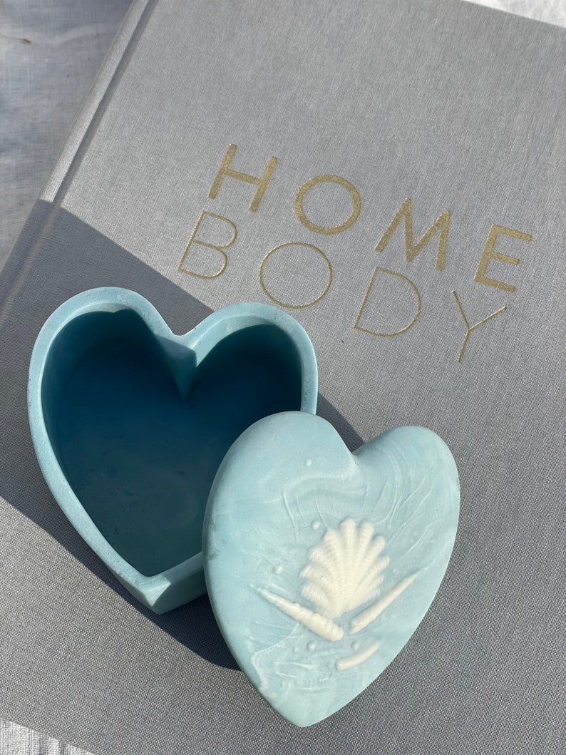 with Seashells Engraved! Baby Blue Ceramic Heart Shaped Box