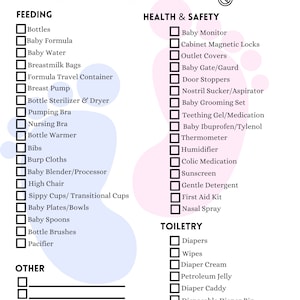 Puede incluir: Una lista de verificación para padres primerizos con una lista de artículos necesarios para la alimentación, la salud y la seguridad, y los artículos de tocador. La lista de verificación está organizada en tres secciones con casillas de verificación junto a cada artículo. La lista de verificación está impresa en un fondo blanco con un diseño azul y rosa.