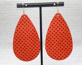 Popular Shape Dark Orange Leather Earring, Textured Leather, Spring Summer Leather Jewelry, Friend Brthday, Mothers Day Jewelry Gift