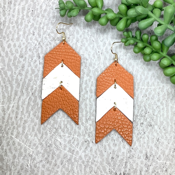 Burnt Orange Texas Earring, University Earring, Longhorn Chevron Team Color Jewelry, Austin Leather Earring, Christmas Gift, Texas Gift