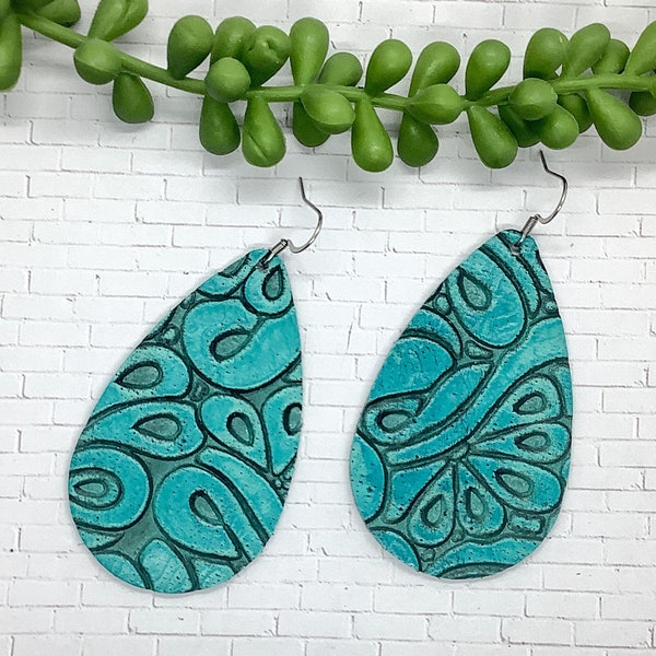 Popular Shape Turquoise Western Tooled, Teardrop Leather Earring, Southwestern Leather Earring, Mexican Jewelry, New Mexico Arizona Gift