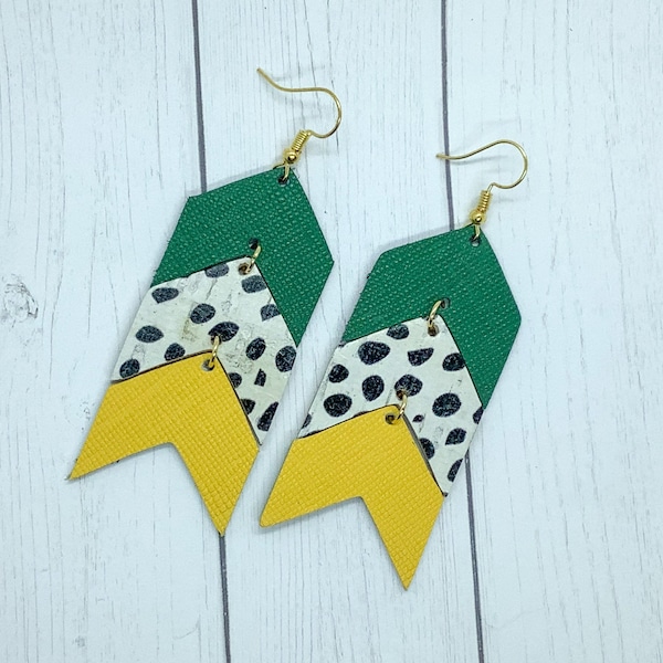 Chevron Team Color Leather Earring, University Football Earring. Green Yellow, Green Gold, Christmas Gift for Football Fan