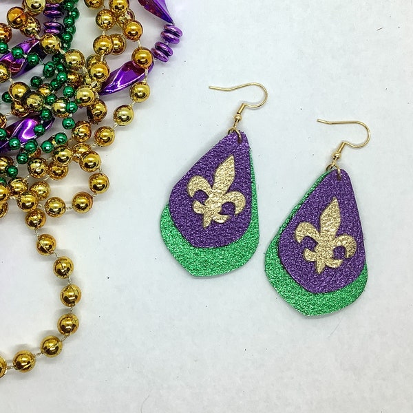 Mardi Gras Earring, Fleur de Lys Design Jewelry, Mardi Gras Party Jewelry, Green Purple Gold Leather Earring, Metallic Leather Teardrop